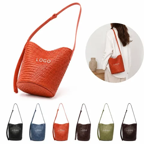 Herringbone Leather Drawstring Bucket Crossbody Bag