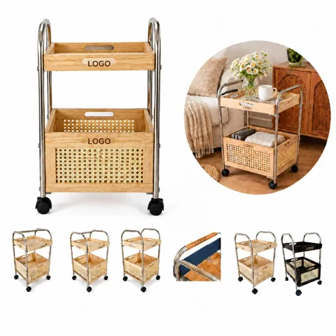 Mobile Wooden Side Table with Shelf and Casters