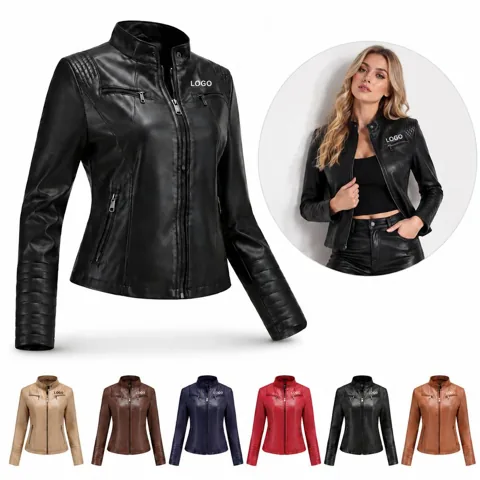 Women's Smooth Leather Zip Jacket with Pockets