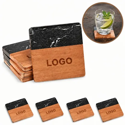 Black Marble & Wood Drink Coaster Set