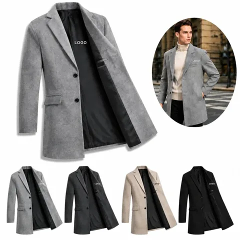 Warm Woolen Men's Overcoat with Lapel Collar