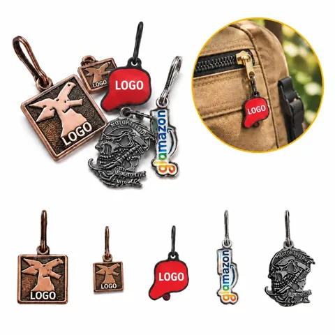 Custom Metal Zipper Pull Tags for Bags and Jackets