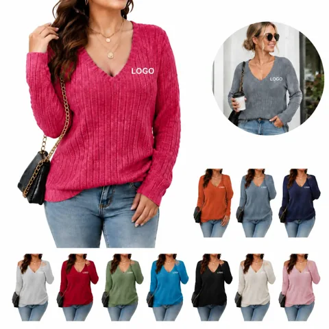 Plus Size V-Neck Pullover Soft Knit Long Sleeve Top