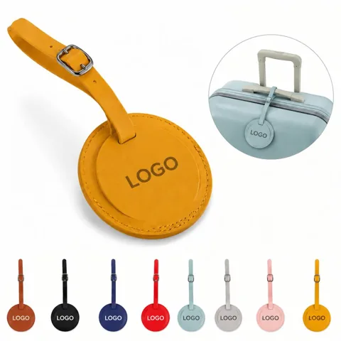 Round Leather Travel Luggage Tag with Secure Strap