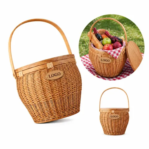 Woven Willow Cask-Shaped Picnic Basket with Hinged Lid
