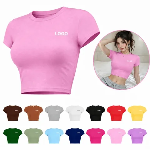 Solid Cropped Tee for Women Cotton Blend Crew Neck