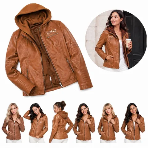 Women's Solid Color Tailored Leather Jacket with Zip Front