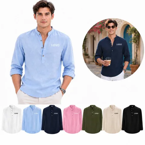 Cotton Linen Stand Collar Shirt Breathable Long Sleeve