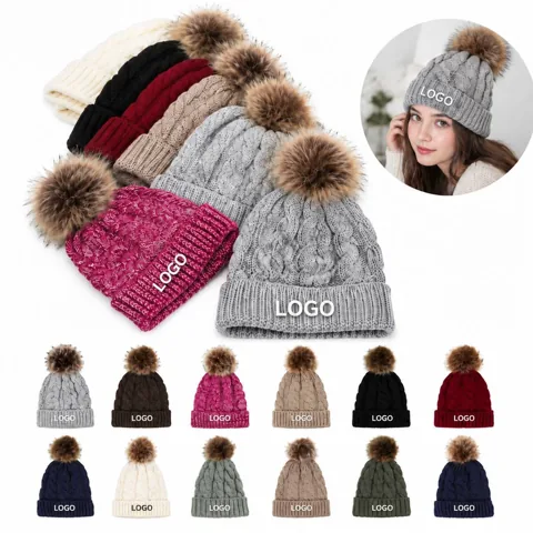 Winter Knit Hat with Pom and Fleece Lining for Cold Weather