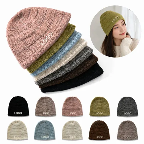 Women's Ribbed Wool Blend Knit Beanie with Foldable Cuff