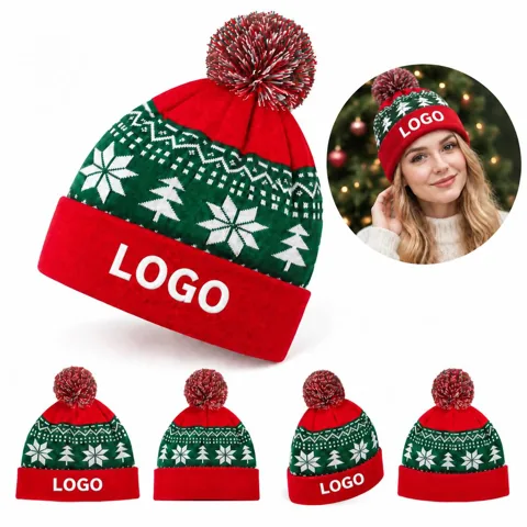 Christmas Knit Hat with Faux Fur Pom