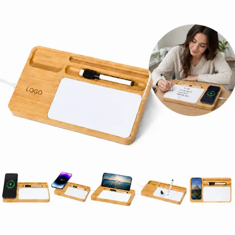 Bamboo Qi Wireless Charging Notepad Desk Organizer