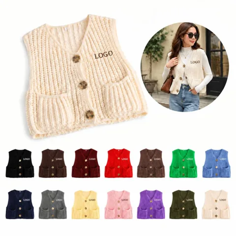 Women's Sleeveless Button-Down Knit Vest with V-Neckline