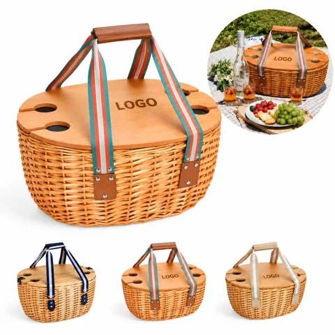 4-Person Woven Willow Picnic Basket Set with Plates Cutlery