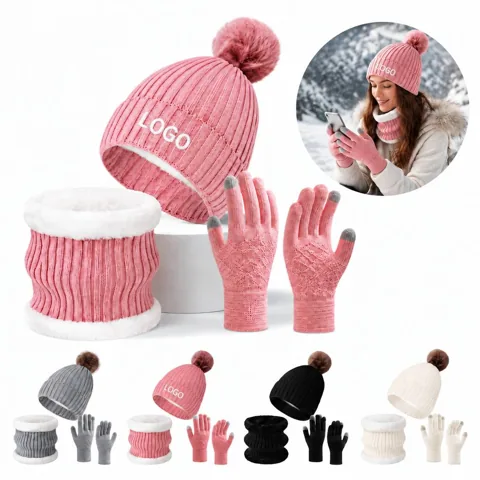 Unisex Wool Blend Winter Beanie Scarf Gloves Set