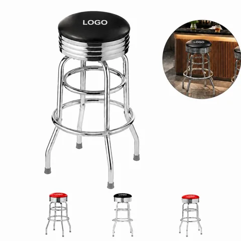 Swivel Bar Stool with Polished Chrome Frame and Black Seat