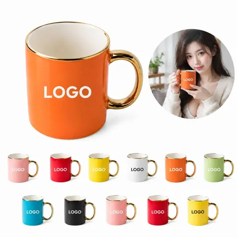 Elegant Ceramic Mugs with Gold Rim for Coffee and Tea