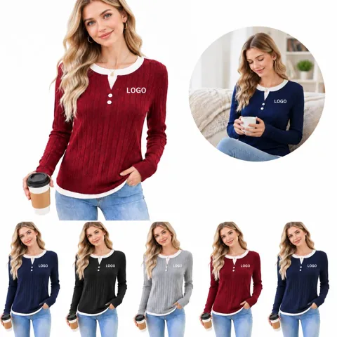Faux Two-Piece Knit Crew Neck Pullover Top