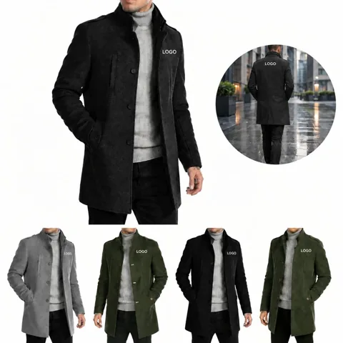 Men's Wool-Blend Long Zip-Up Coat with High Collar
