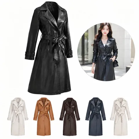 Faux Leather Belted Windbreaker Jacket for Women