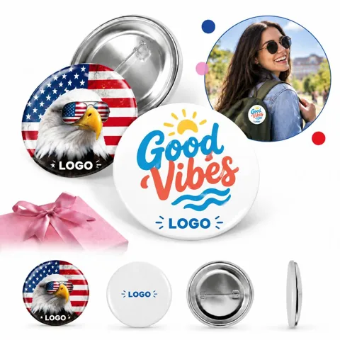 Custom Round Metal Badge Buttons with Secure Pin Clasp