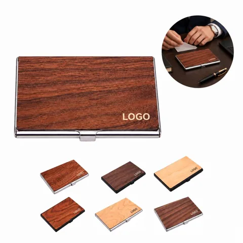 Slim Metal Wallet with Walnut Finish Card Organizer