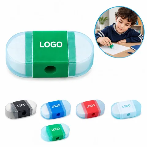 2-in-1 Pencil Sharpener with Built-In Eraser, Compact