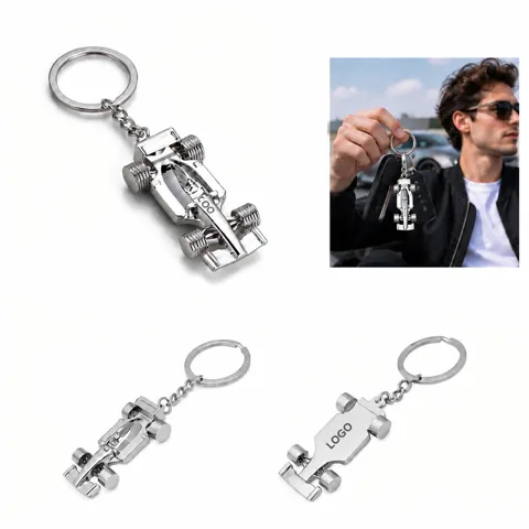 Silver Racing Car Keychain Polished Zinc Alloy Keyring