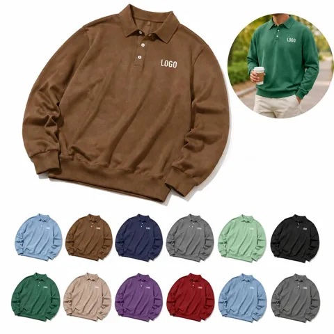 Men's Buttoned Placket Polo Shirt with Long Sleeves