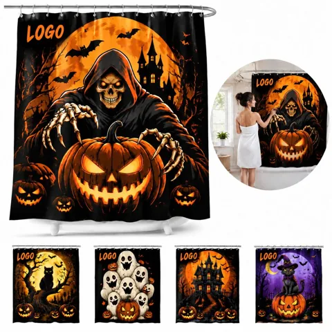 Halloween Shower Curtain Spooky Ghost Bat Pumpkin Waterproof